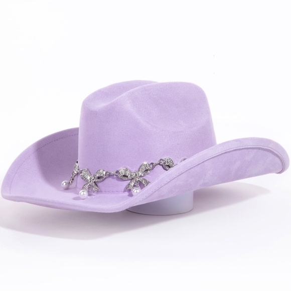 Lavender Purple Pave Ribbon Rhinestone Bow Pearl Charm Western Cowgirl  Hat main image 2